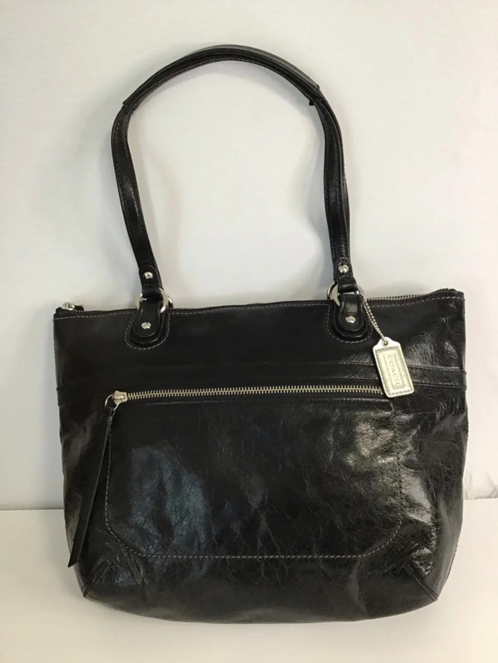 COACH LG POPPY  Black Distressed Look LEATHER Tote Shoulder